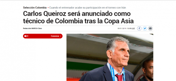  گزارش مارکا  کی روش بعد از جام ملتهای آسیا، روی نیمکت مربیگری کلمبیا
