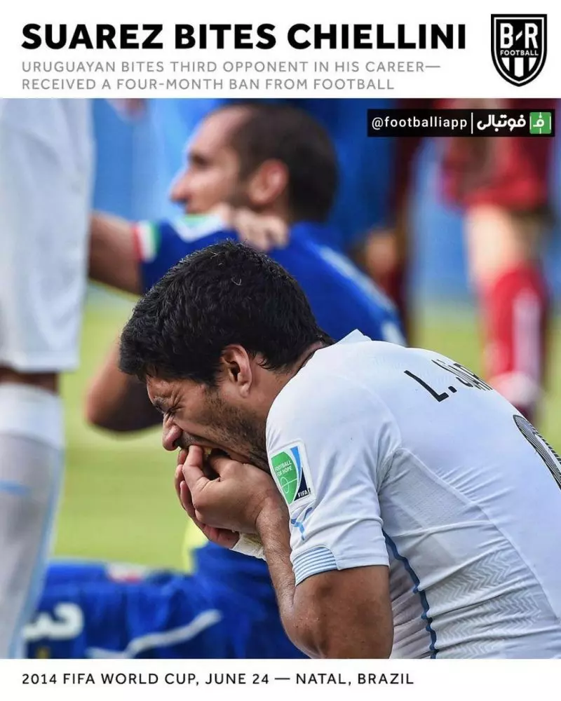 سال ۲۰۱۴ در چنین روزی ؛ در جریان بازی های جام جهانی برزیل ، لوئیز سوارز مهاجم اوروگوئه در اقدامی عجیب شانه کیلینی مدافع ایتالیا را گاز گرفت و بعد از آن دیدار ۴ ماه از حضور در میادین محروم شد.