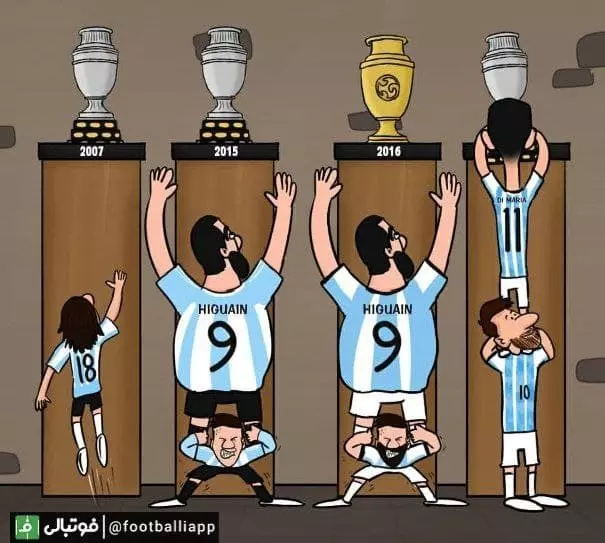 کاریکاتور/ تفاوت و تاثیر هیگواین و دیماریا برای لیونل مسی در فینال های مختلف جام جهانی و کوپا