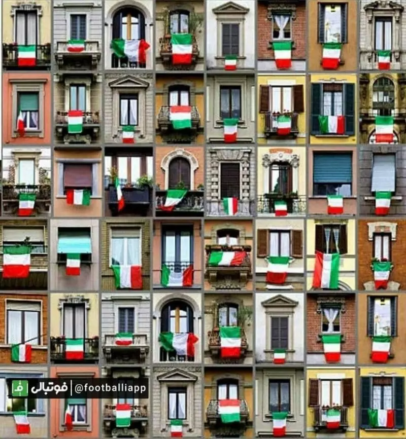 کلاژی جالب از آویزان شدن پرچم های ایتالیا توسط مردم این کشور از پنجره ها با قهرمانی در یورو