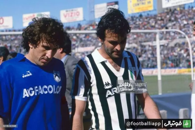 نوستالژی/ ۱۴ آپریل ۱۹۸۵ تورین (ایتالیا)، تصویری از دیدار دو تیم یوونتوس و اودینزه به بهانه دیدار امشب دو تیم/ آنتونیو کابرینی از یوونتوس و آرتور زیکو از اودینزه