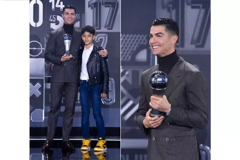 عکس؛ رونالدو کنار پسرش پس از دریافت جایزه ویژه فیفا