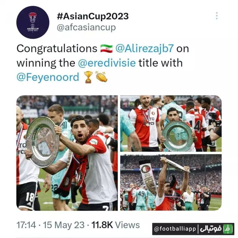 صفحه رسمی جام ملت های آسیا، قهرمانی فاینورد را به علیرضا جهانبخش تبریک گفت